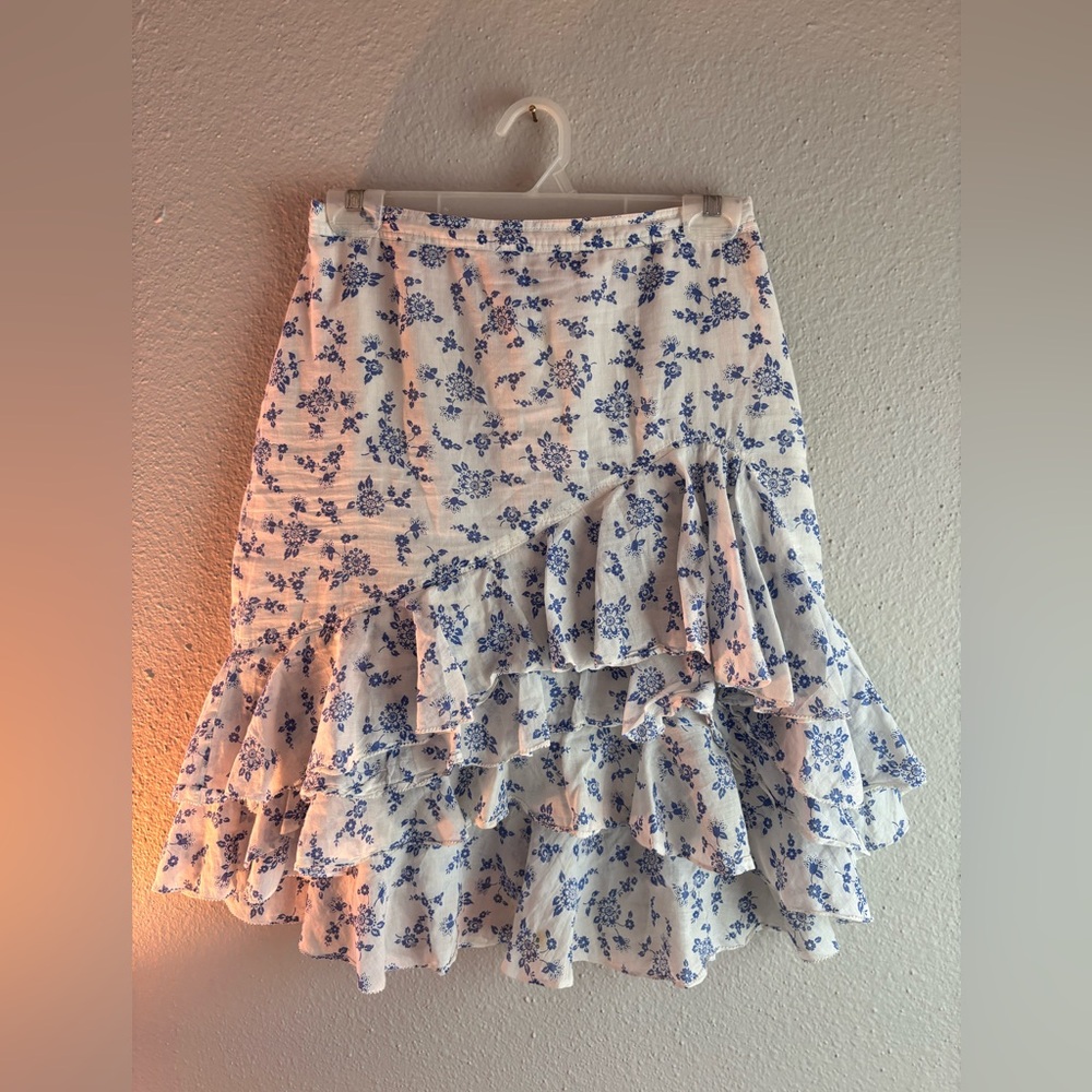 Vintage Ralph Lauren Asymmetrical Floral Ruffle Skirt - Blue and White